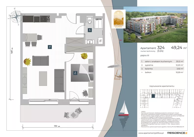 2 pokoje, apartament inwestycyjny 49,24 m², piętro 3, oferta nr 3.24, Apartamenty Klifova, Jastrzębia Góra, ul. Klifowa 22