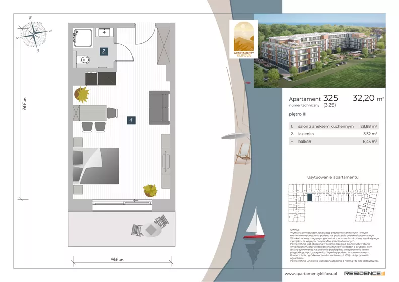 1 pokój, apartament inwestycyjny 32,20 m², piętro 3, oferta nr 3.25, Apartamenty Klifova, Jastrzębia Góra, ul. Klifowa 22