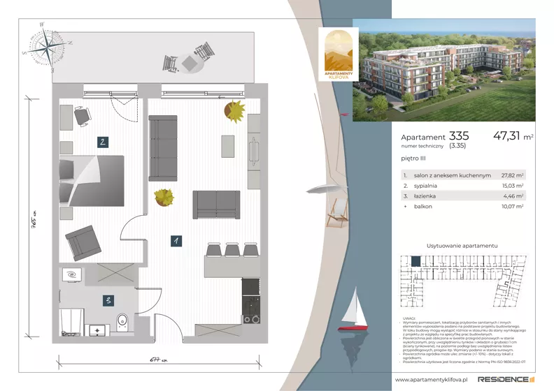 2 pokoje, apartament inwestycyjny 47,31 m², piętro 3, oferta nr 3.35, Apartamenty Klifova, Jastrzębia Góra, ul. Klifowa 22