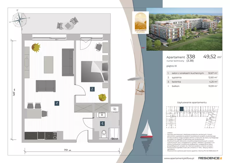 2 pokoje, apartament inwestycyjny 49,52 m², piętro 3, oferta nr 3.38, Apartamenty Klifova, Jastrzębia Góra, ul. Klifowa 22