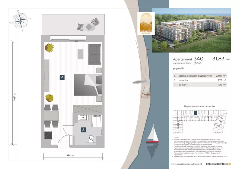 1 pokój, apartament inwestycyjny 31,83 m², piętro 3, oferta nr 3.40, Apartamenty Klifova, Jastrzębia Góra, ul. Klifowa 22