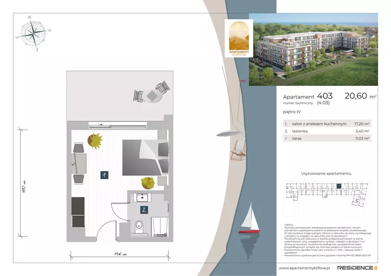 1 pokój, apartament inwestycyjny 20,60 m², piętro 4, oferta nr 4.03, Apartamenty Klifova, Jastrzębia Góra, ul. Klifowa 22