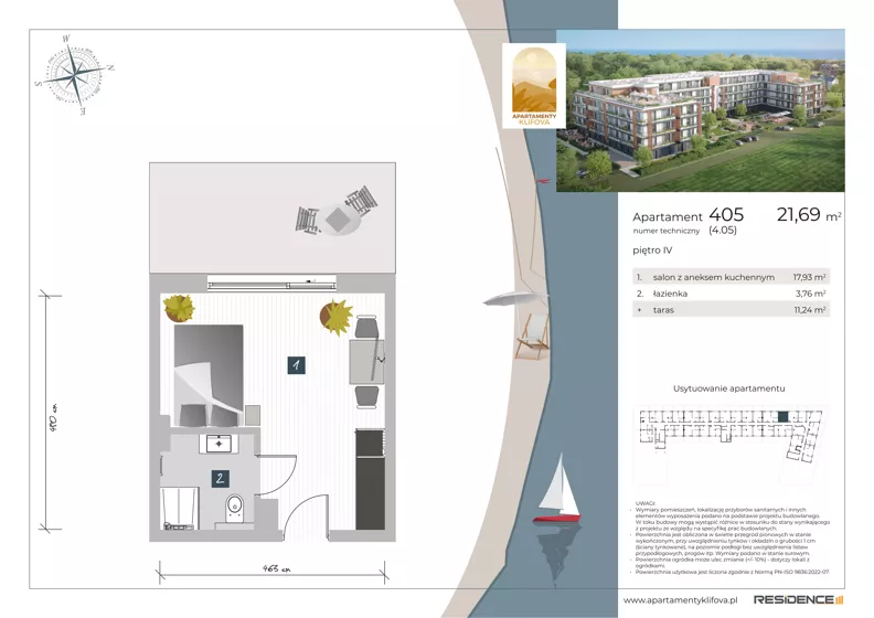 1 pokój, apartament inwestycyjny 21,69 m², piętro 4, oferta nr 4.05, Apartamenty Klifova, Jastrzębia Góra, ul. Klifowa 22