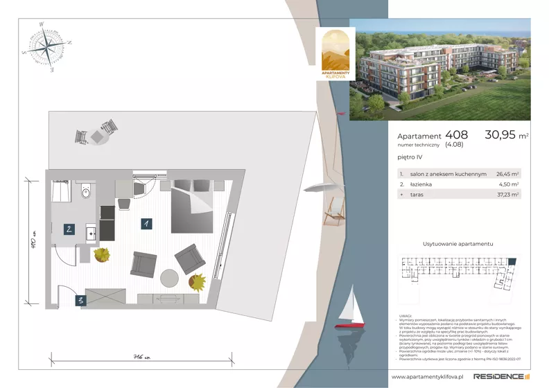 1 pokój, apartament inwestycyjny 30,95 m², piętro 4, oferta nr 4.08, Apartamenty Klifova, Jastrzębia Góra, ul. Klifowa 22
