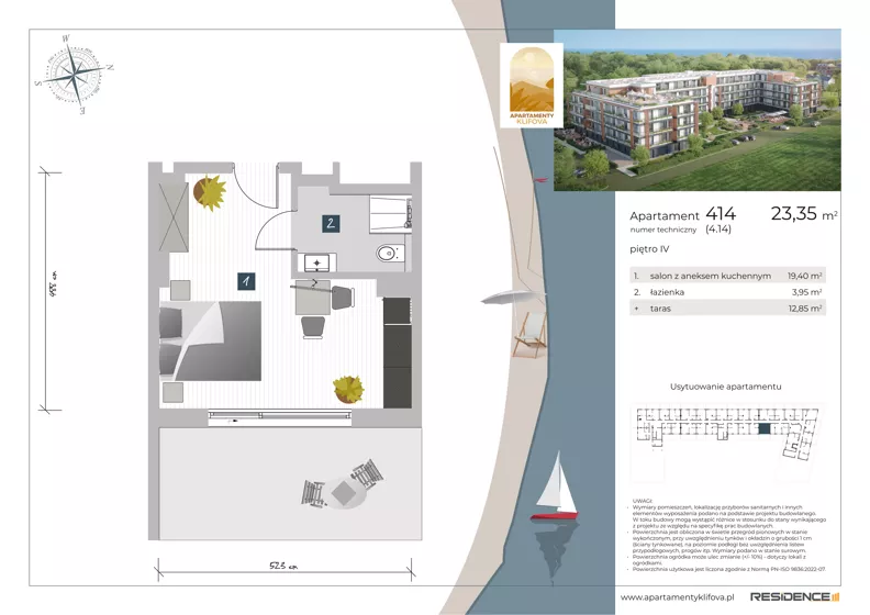 1 pokój, apartament inwestycyjny 23,35 m², piętro 4, oferta nr 4.14, Apartamenty Klifova, Jastrzębia Góra, ul. Klifowa 22