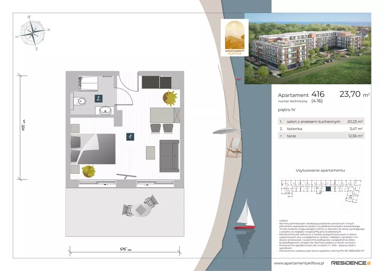 1 pokój, apartament inwestycyjny 23,80 m², piętro 4, oferta nr 4.16, Apartamenty Klifova, Jastrzębia Góra, ul. Klifowa 22