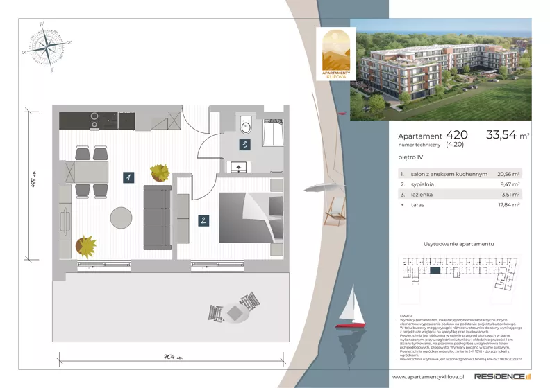 1 pokój, apartament inwestycyjny 33,54 m², piętro 4, oferta nr 4.20, Apartamenty Klifova, Jastrzębia Góra, ul. Klifowa 22