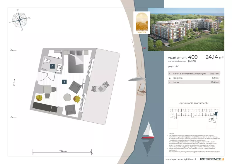 2 pokoje, apartament inwestycyjny 36,43 m², piętro 4, oferta nr 4.09, Apartamenty Klifova, Jastrzębia Góra, ul. Klifowa 22