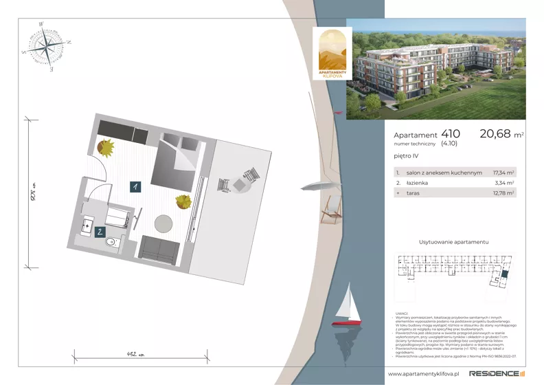 3 pokoje, apartament inwestycyjny 40,19 m², piętro 4, oferta nr 4.10, Apartamenty Klifova, Jastrzębia Góra, ul. Klifowa 22