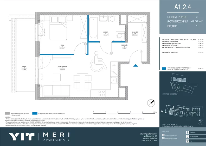 2 pokoje, apartament 49,53 m², piętro 1, oferta nr A 1.2.4, Meri Apartamenty, Gdańsk, Stogi, ul. Nowotna