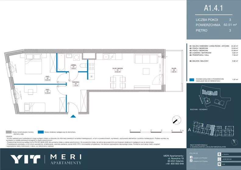 3 pokoje, apartament 62,41 m², piętro 3, oferta nr A 1.4.1, Meri Apartamenty, Gdańsk, Stogi, ul. Nowotna