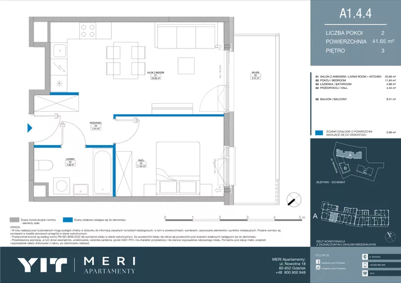 2 pokoje, apartament 41,61 m², piętro 3, oferta nr A 1.4.4, Meri Apartamenty, Gdańsk, Stogi, ul. Nowotna