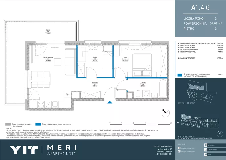 3 pokoje, apartament 54,00 m², piętro 3, oferta nr A 1.4.6, Meri Apartamenty, Gdańsk, Stogi, ul. Nowotna