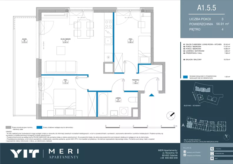 3 pokoje, apartament 56,82 m², piętro 4, oferta nr A 1.5.5, Meri Apartamenty, Gdańsk, Stogi, ul. Nowotna
