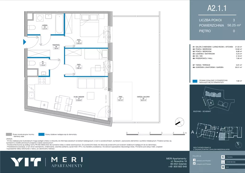 3 pokoje, apartament 56,15 m², parter, oferta nr A 2.1.1, Meri Apartamenty, Gdańsk, Stogi, ul. Nowotna