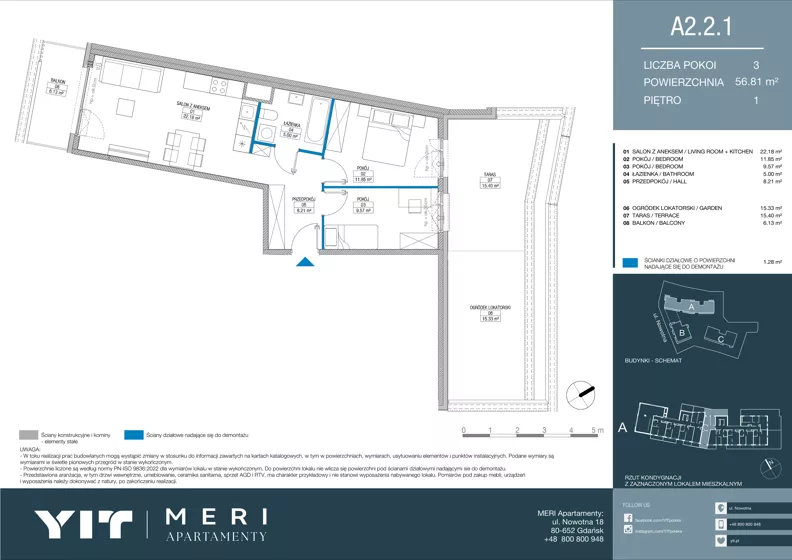 3 pokoje, apartament 56,73 m², piętro 1, oferta nr A 2.2.1, Meri Apartamenty, Gdańsk, Stogi, ul. Nowotna