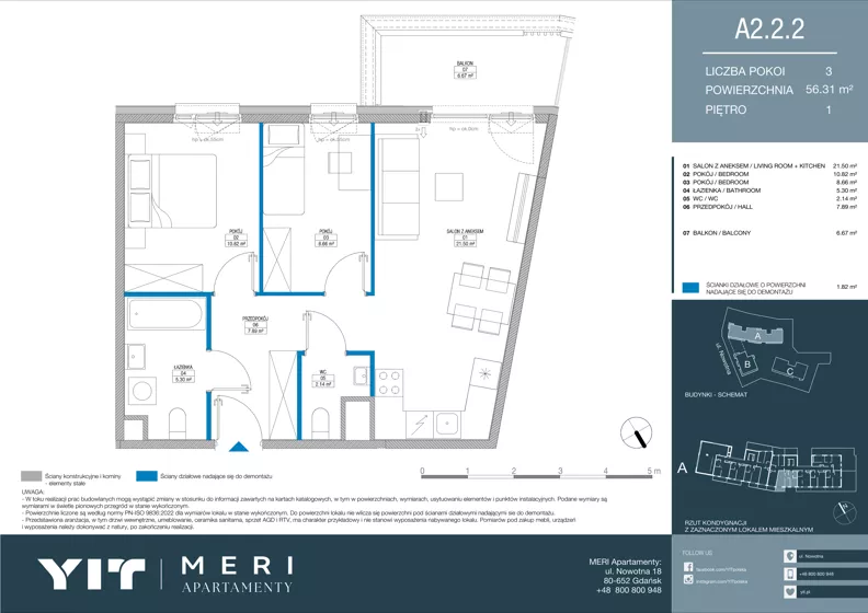 3 pokoje, apartament 56,21 m², piętro 1, oferta nr A 2.2.2, Meri Apartamenty, Gdańsk, Stogi, ul. Nowotna