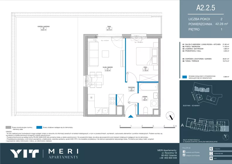 2 pokoje, apartament 42,19 m², piętro 1, oferta nr A 2.2.5, Meri Apartamenty, Gdańsk, Stogi, ul. Nowotna