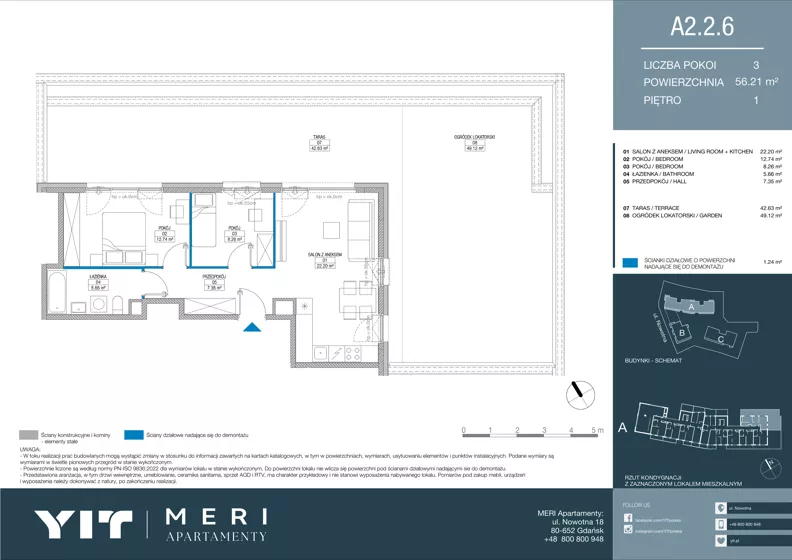 3 pokoje, apartament 56,11 m², piętro 1, oferta nr A 2.2.6, Meri Apartamenty, Gdańsk, Stogi, ul. Nowotna