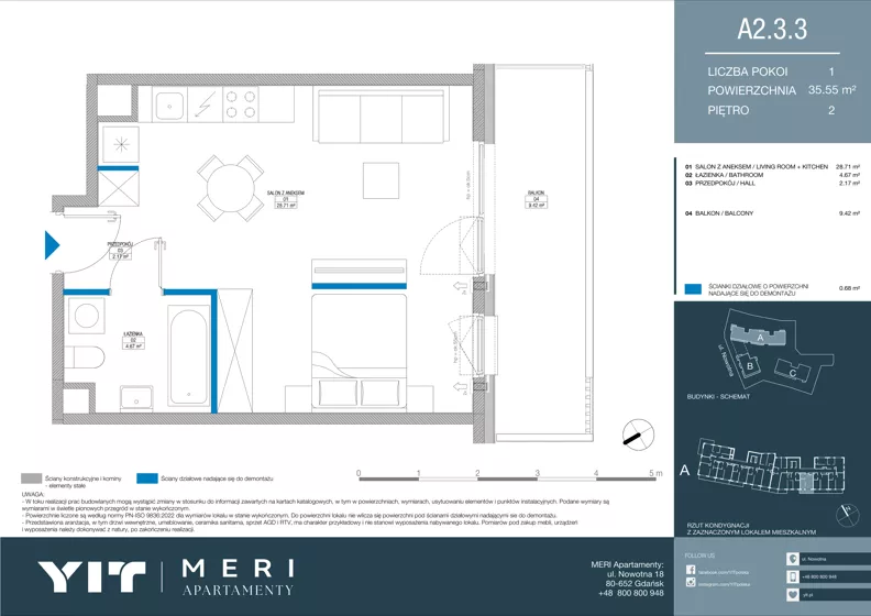 1 pokój, apartament 35,47 m², piętro 2, oferta nr A 2.3.3, Meri Apartamenty, Gdańsk, Stogi, ul. Nowotna