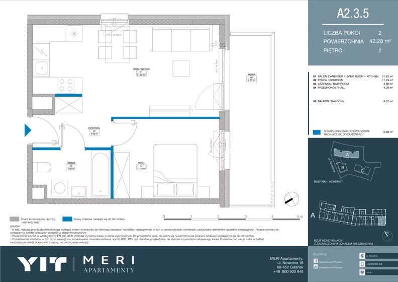 2 pokoje, apartament 42,19 m², piętro 2, oferta nr A 2.3.5, Meri Apartamenty, Gdańsk, Stogi, ul. Nowotna