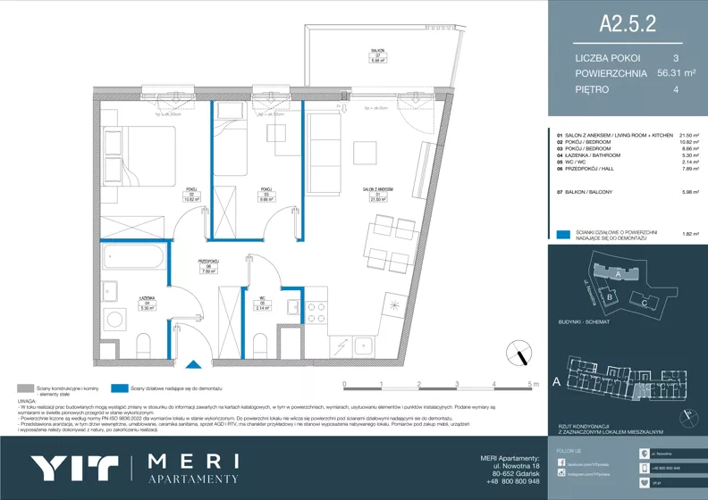 3 pokoje, apartament 56,21 m², piętro 4, oferta nr A 2.5.2, Meri Apartamenty, Gdańsk, Stogi, ul. Nowotna