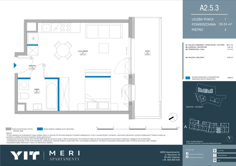 1 pokój, apartament 35,47 m², piętro 4, oferta nr A 2.5.3, Meri Apartamenty, Gdańsk, Stogi, ul. Nowotna