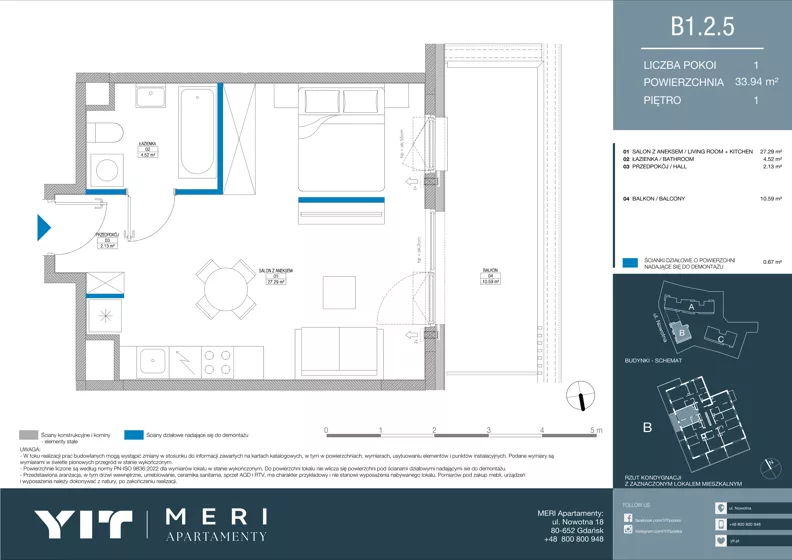 1 pokój, apartament 33,84 m², piętro 1, oferta nr B 1.2.5, Meri Apartamenty, Gdańsk, Stogi, ul. Nowotna