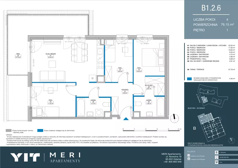 4 pokoje, apartament 76,01 m², piętro 1, oferta nr B 1.2.6, Meri Apartamenty, Gdańsk, Stogi, ul. Nowotna