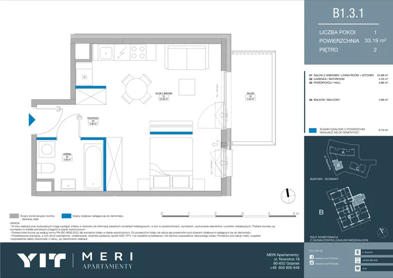 1 pokój, apartament 33,11 m², piętro 2, oferta nr B 1.3.1, Meri Apartamenty, Gdańsk, Stogi, ul. Nowotna