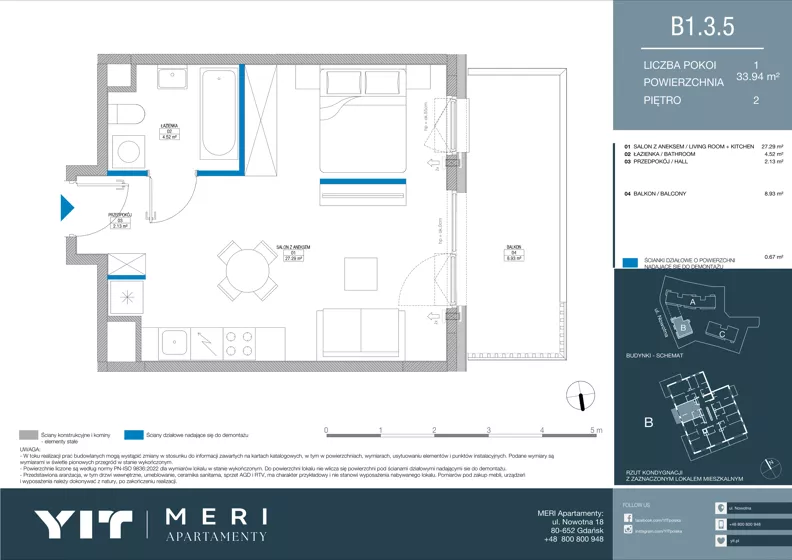 1 pokój, apartament 33,84 m², piętro 2, oferta nr B 1.3.5, Meri Apartamenty, Gdańsk, Stogi, ul. Nowotna