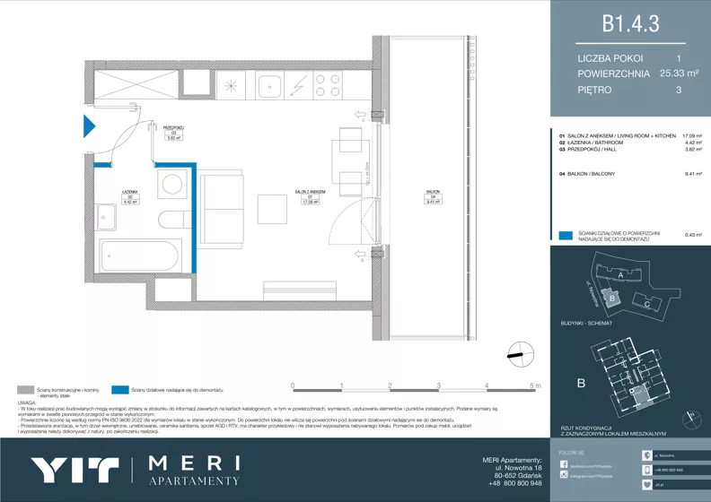 1 pokój, apartament 25,27 m², piętro 3, oferta nr B 1.4.3, Meri Apartamenty, Gdańsk, Stogi, ul. Nowotna