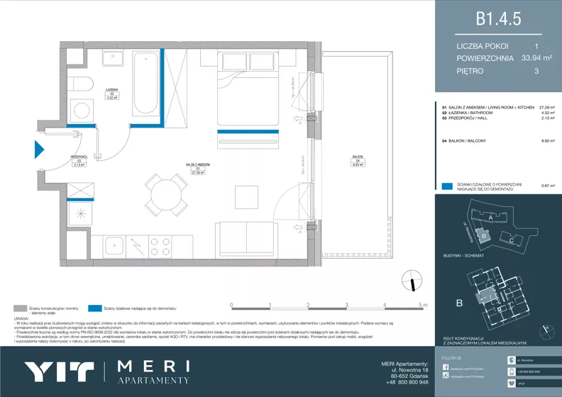 1 pokój, apartament 33,84 m², piętro 3, oferta nr B 1.4.5, Meri Apartamenty, Gdańsk, Stogi, ul. Nowotna