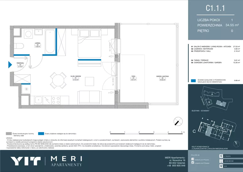 1 pokój, apartament 34,47 m², parter, oferta nr C 1.1.1, Meri Apartamenty, Gdańsk, Stogi, ul. Nowotna