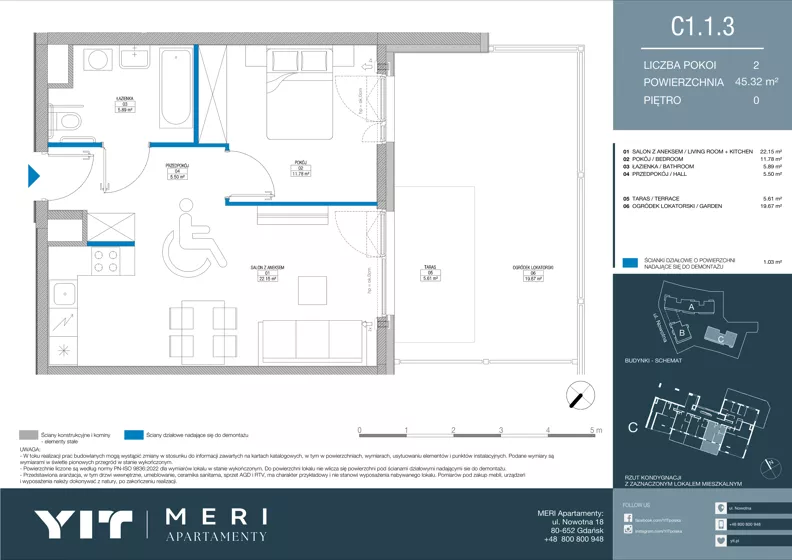 2 pokoje, apartament 45,22 m², parter, oferta nr C 1.1.3, Meri Apartamenty, Gdańsk, Stogi, ul. Nowotna