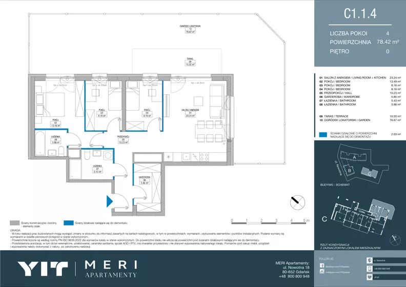 4 pokoje, apartament 78,22 m², parter, oferta nr C 1.1.4, Meri Apartamenty, Gdańsk, Stogi, ul. Nowotna