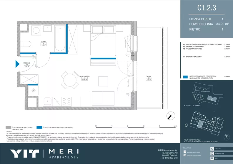 1 pokój, apartament 34,21 m², piętro 1, oferta nr C 1.2.3, Meri Apartamenty, Gdańsk, Stogi, ul. Nowotna
