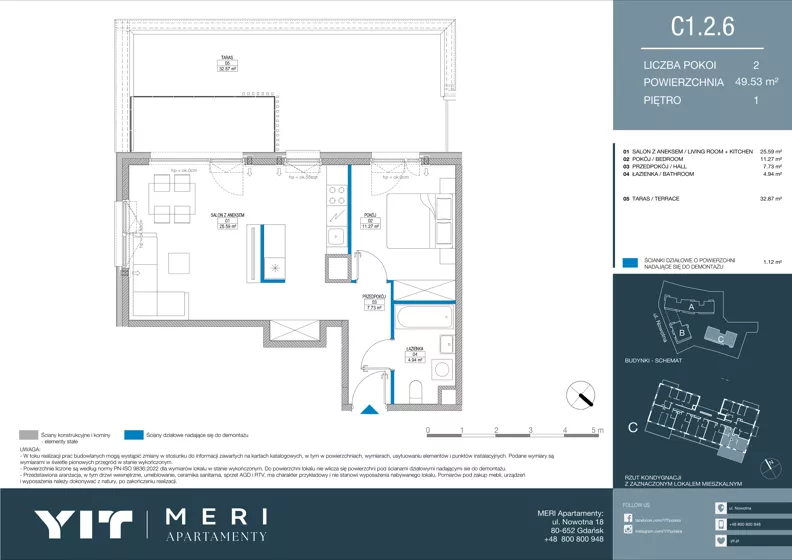 2 pokoje, apartament 49,43 m², piętro 1, oferta nr C 1.2.6, Meri Apartamenty, Gdańsk, Stogi, ul. Nowotna