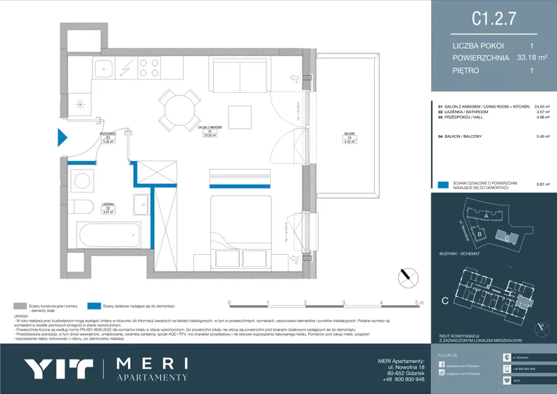 1 pokój, apartament 33,18 m², piętro 1, oferta nr C 1.2.7, Meri Apartamenty, Gdańsk, Stogi, ul. Nowotna