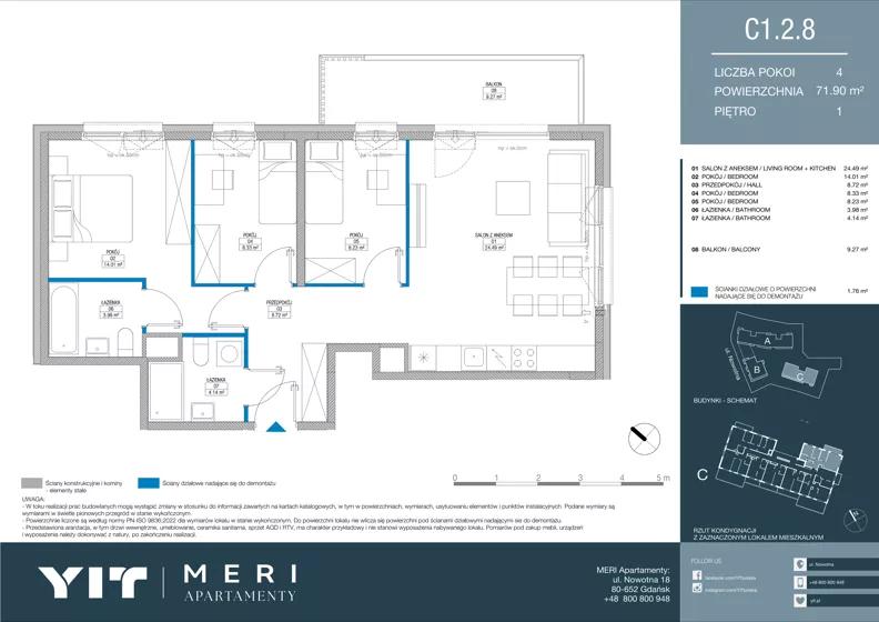 4 pokoje, apartament 71,82 m², piętro 1, oferta nr C 1.2.8, Meri Apartamenty, Gdańsk, Stogi, ul. Nowotna
