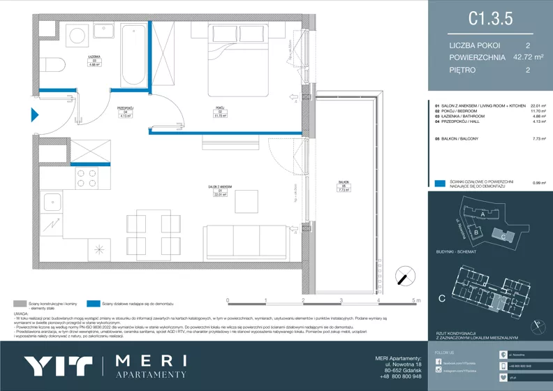 2 pokoje, apartament 42,63 m², piętro 2, oferta nr C 1.3.5, Meri Apartamenty, Gdańsk, Stogi, ul. Nowotna