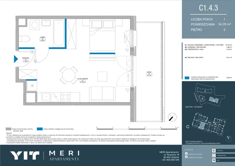 1 pokój, apartament 34,21 m², piętro 3, oferta nr C 1.4.3, Meri Apartamenty, Gdańsk, Stogi, ul. Nowotna