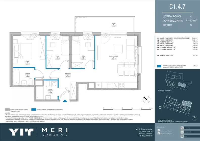 4 pokoje, apartament 71,82 m², piętro 3, oferta nr C 1.4.7, Meri Apartamenty, Gdańsk, Stogi, ul. Nowotna