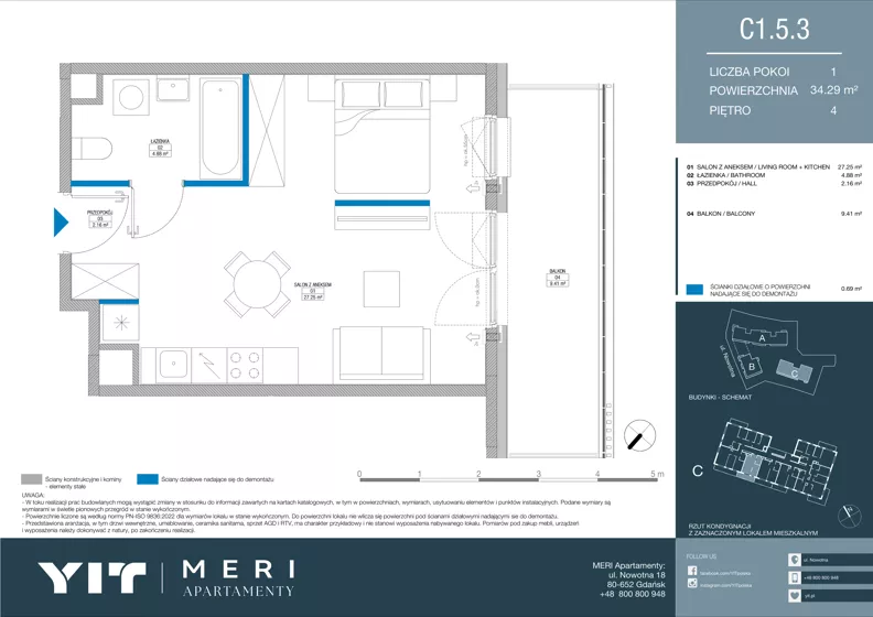 1 pokój, apartament 34,21 m², piętro 4, oferta nr C 1.5.3, Meri Apartamenty, Gdańsk, Stogi, ul. Nowotna