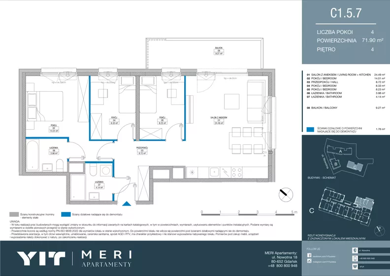 4 pokoje, apartament 71,82 m², piętro 4, oferta nr C 1.5.7, Meri Apartamenty, Gdańsk, Stogi, ul. Nowotna