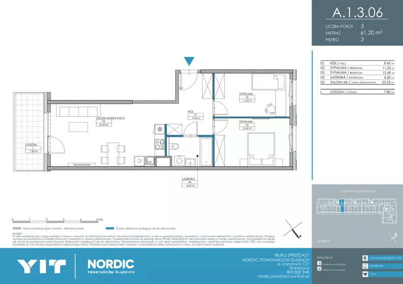 3 pokoje, mieszkanie 61,20 m², piętro 3, oferta nr A 1.3.06, Nordic Powstańców Śląskich, Warszawa, Bemowo, Bemowo-Lotnisko, ul. Powstańców Śląskich