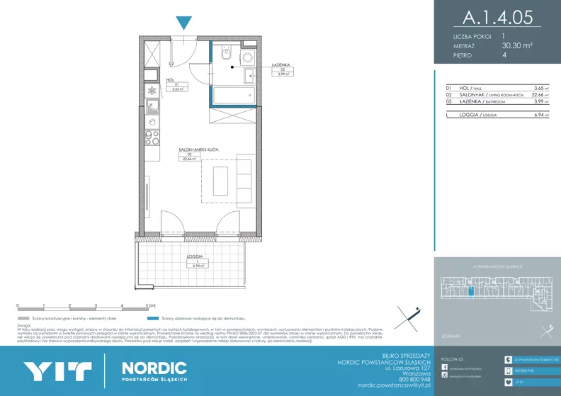 1 pokój, mieszkanie 30,30 m², piętro 4, oferta nr A 1.4.05, Nordic Powstańców Śląskich, Warszawa, Bemowo, Bemowo-Lotnisko, ul. Powstańców Śląskich
