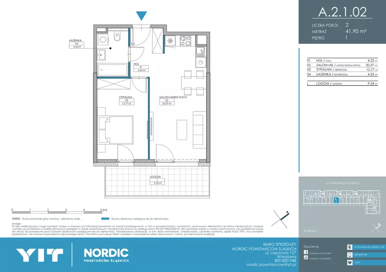 2 pokoje, mieszkanie 41,90 m², piętro 1, oferta nr A 2.1.02, Nordic Powstańców Śląskich, Warszawa, Bemowo, Bemowo-Lotnisko, ul. Powstańców Śląskich