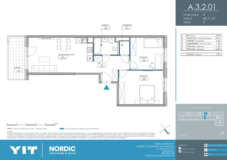 3 pokoje, mieszkanie 65,49 m², piętro 2, oferta nr A 3.2.01, Nordic Powstańców Śląskich, Warszawa, Bemowo, Bemowo-Lotnisko, ul. Powstańców Śląskich