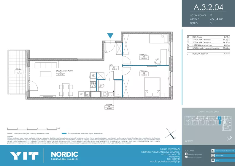 3 pokoje, mieszkanie 65,34 m², piętro 2, oferta nr A 3.2.04, Nordic Powstańców Śląskich, Warszawa, Bemowo, Bemowo-Lotnisko, ul. Powstańców Śląskich